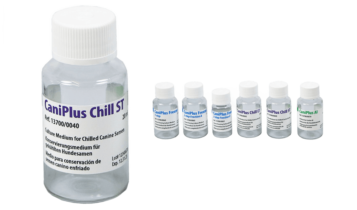 Minitube CaniPlus Chill ST. CaniPlus Chill ST, Ref. 13700/0040, 20 ml (frasco principal). Otros frascos de la familia son ilustrativos y no se incluyen.