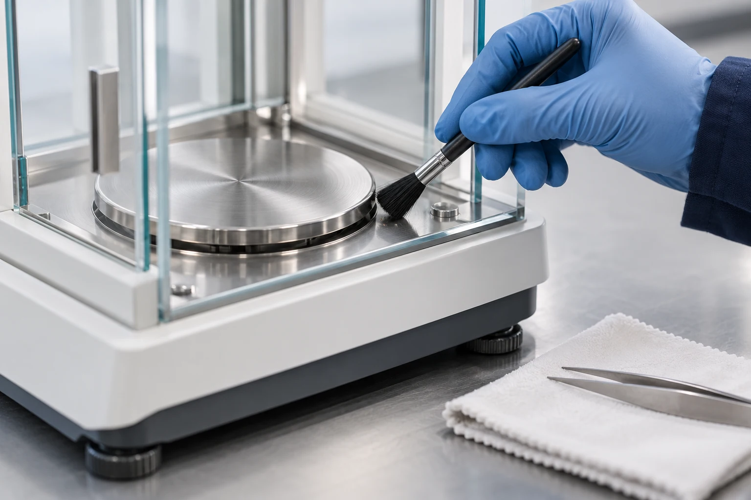 Detalle de la limpieza alrededor del plato de una balanza de laboratorio
