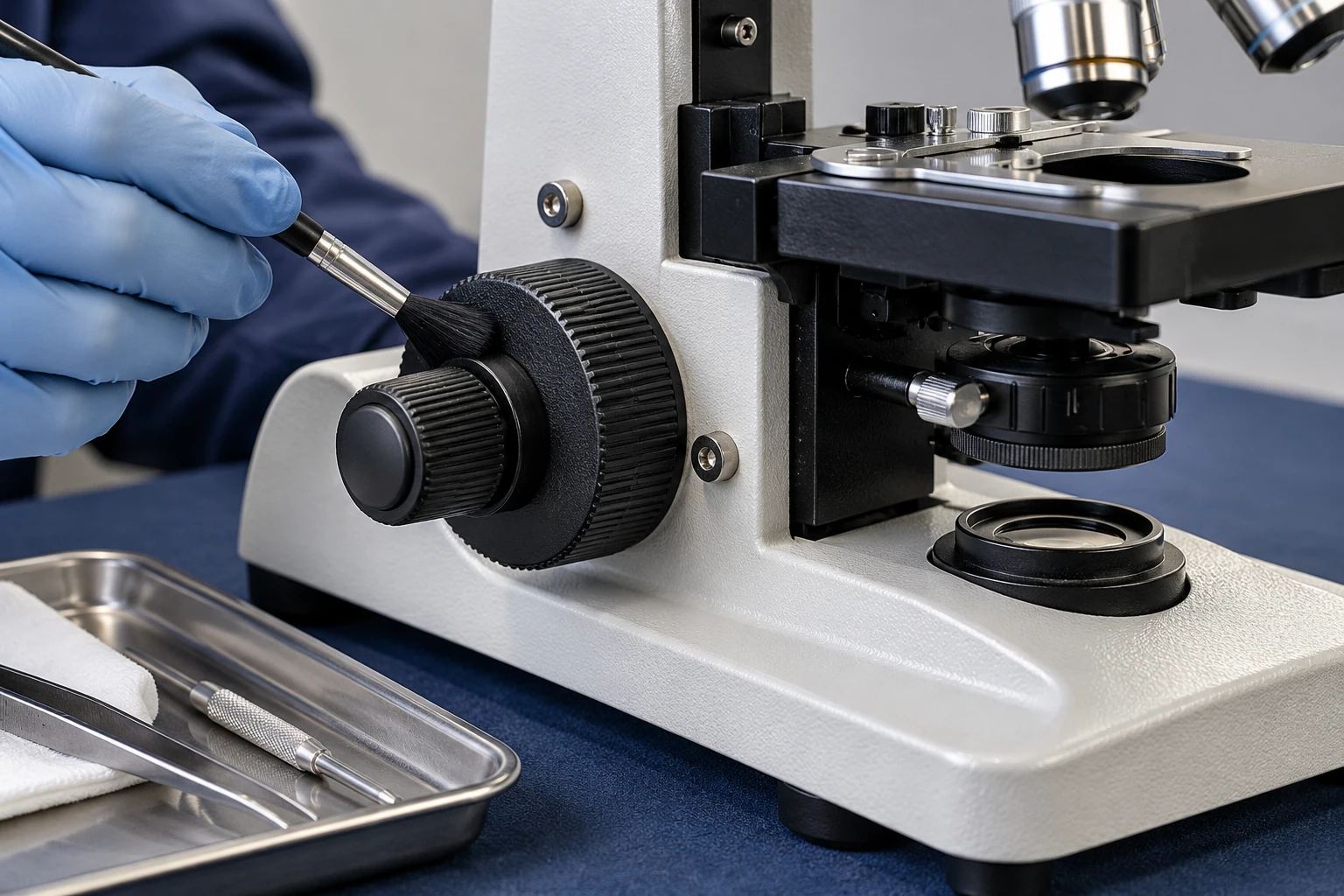 Detalle de la limpieza del mecanismo de enfoque de un microscopio de laboratorio