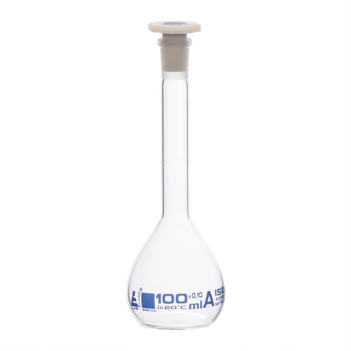 Matraz Volumétrico de Vidrio Borosilicato 100 ml Clase A con Tapón de Polietileno