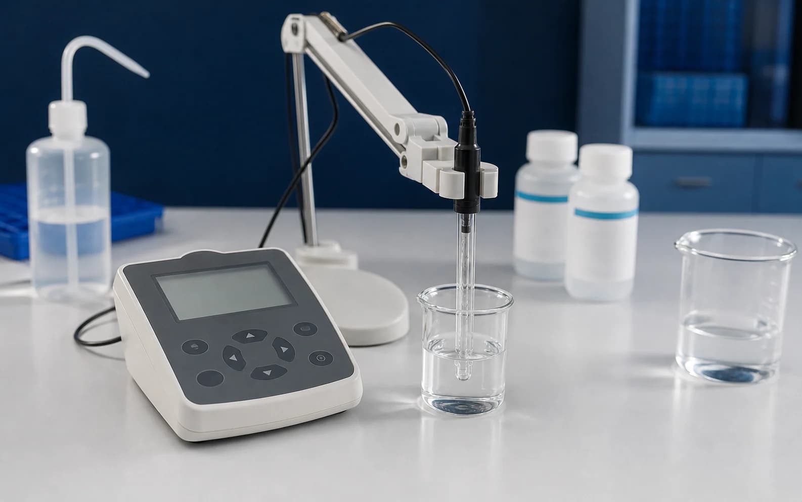 Medidor de pH con el electrodo colocado en una solución de calibración