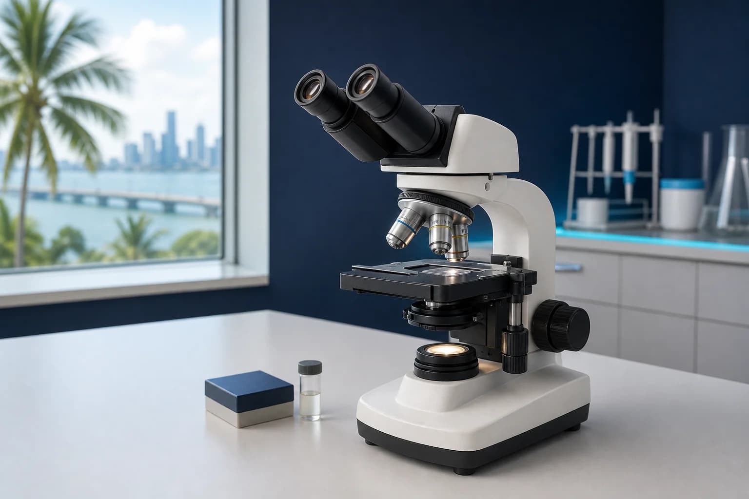 Microscopio binocular preparado con un portaobjetos en la platina