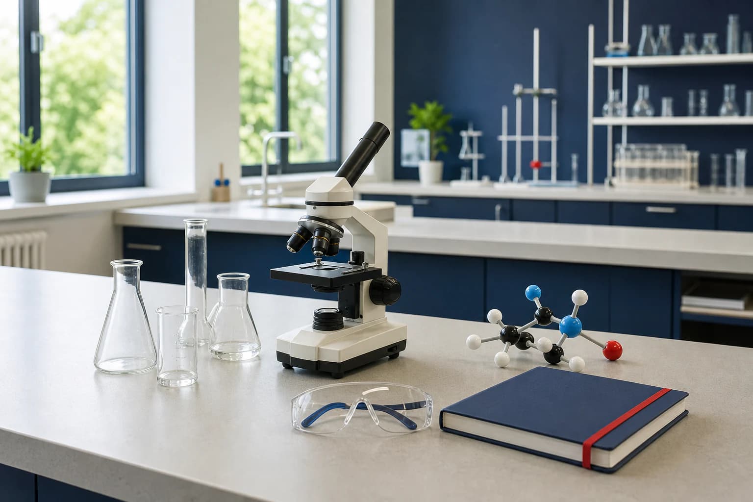 Estación de trabajo preparada en un laboratorio escolar