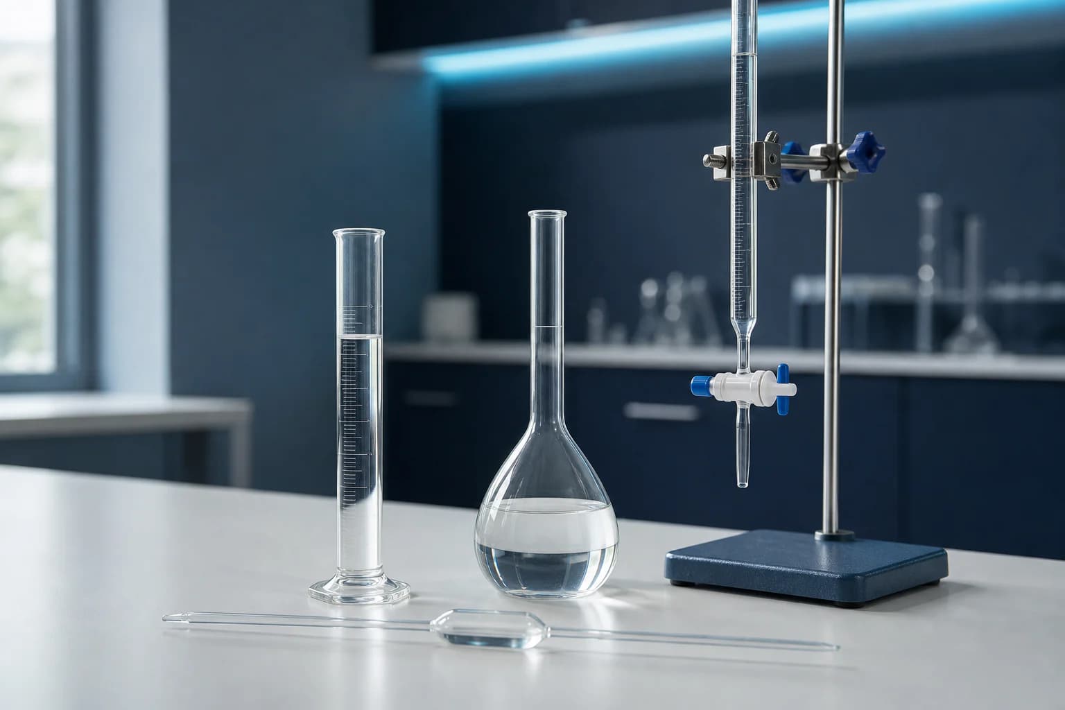 Probeta, pipeta, bureta y matraz aforado sobre una mesa de laboratorio