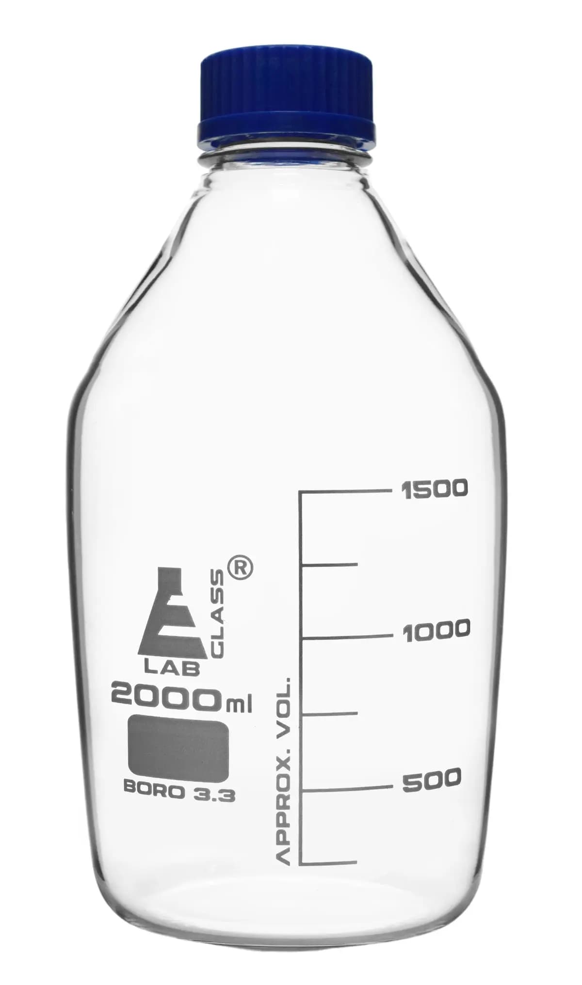 Frasco de Reactivo Graduado de Vidrio Borosilicato con Tapón de Rosca GL 45) 2000 mL.
