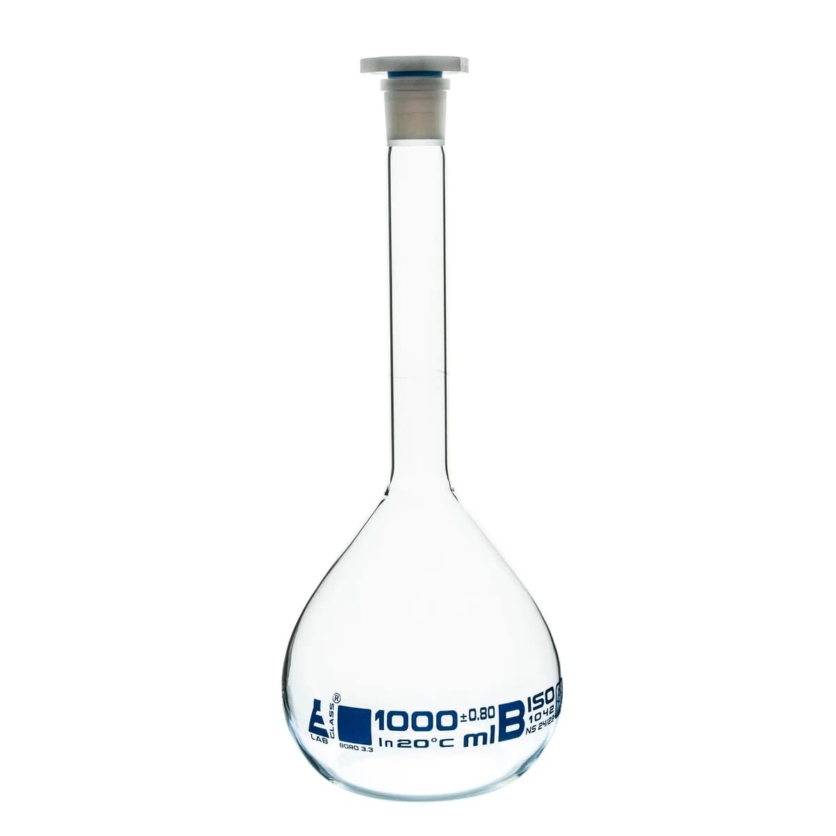 Matraz volumétrico de 1000ml, vidrio de borosilicato clase B con tapón de polietileno - imagen 1