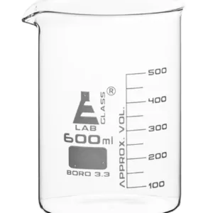 Vaso de precipitados de 600 ml en vidrio borosilicato 3.3 con graduación y pico vertedor, ideal para laboratorio en Panamá.