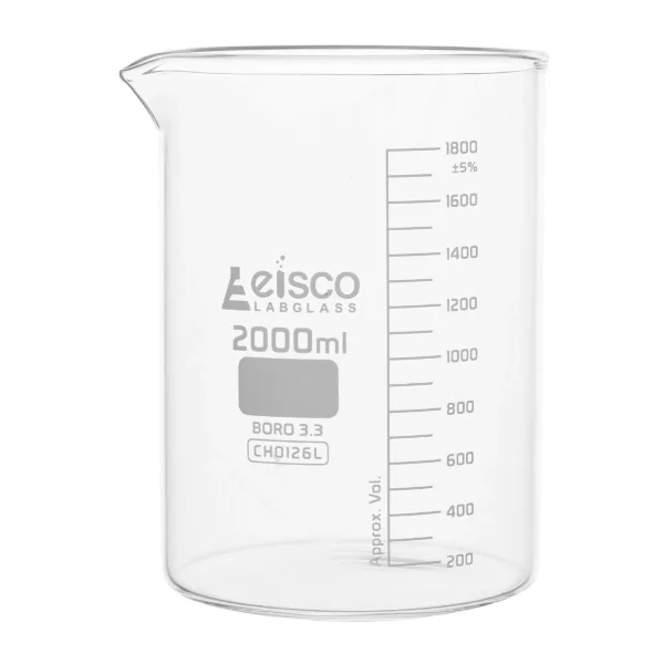 Vaso precipitado 2000 ml en vidrio de borosilicato 3.3, forma baja, con graduaciones cada 200 ml.