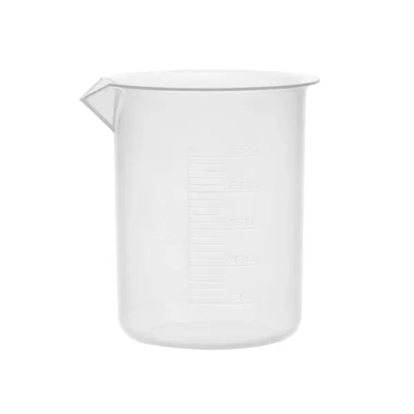 Vaso de plástico de 250 ml en polipropileno reforzado con graduaciones en relieve y pico vertedor cónico, ideal para laboratorio en Panamá.