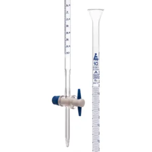 Bureta de 10 ml en vidrio de borosilicato con llave de paso de PTFE y graduaciones azules.