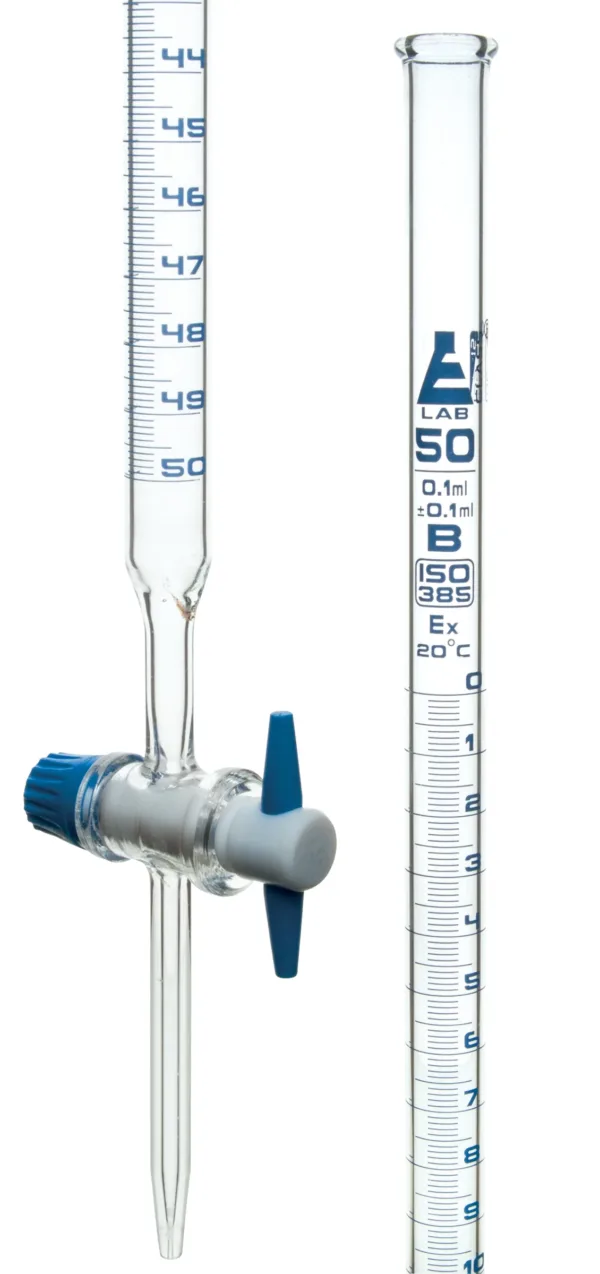 Bureta de 50 ml en vidrio de borosilicato con llave de paso de PTFE y graduaciones azules.