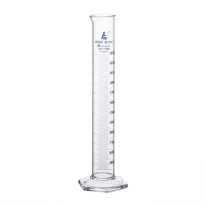 Probeta graduada 250 ml clase B con base hexagonal y graduaciones azules.