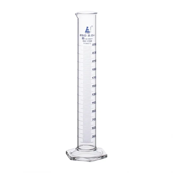 Probeta graduada 250 ml clase B con base hexagonal y graduaciones azules.