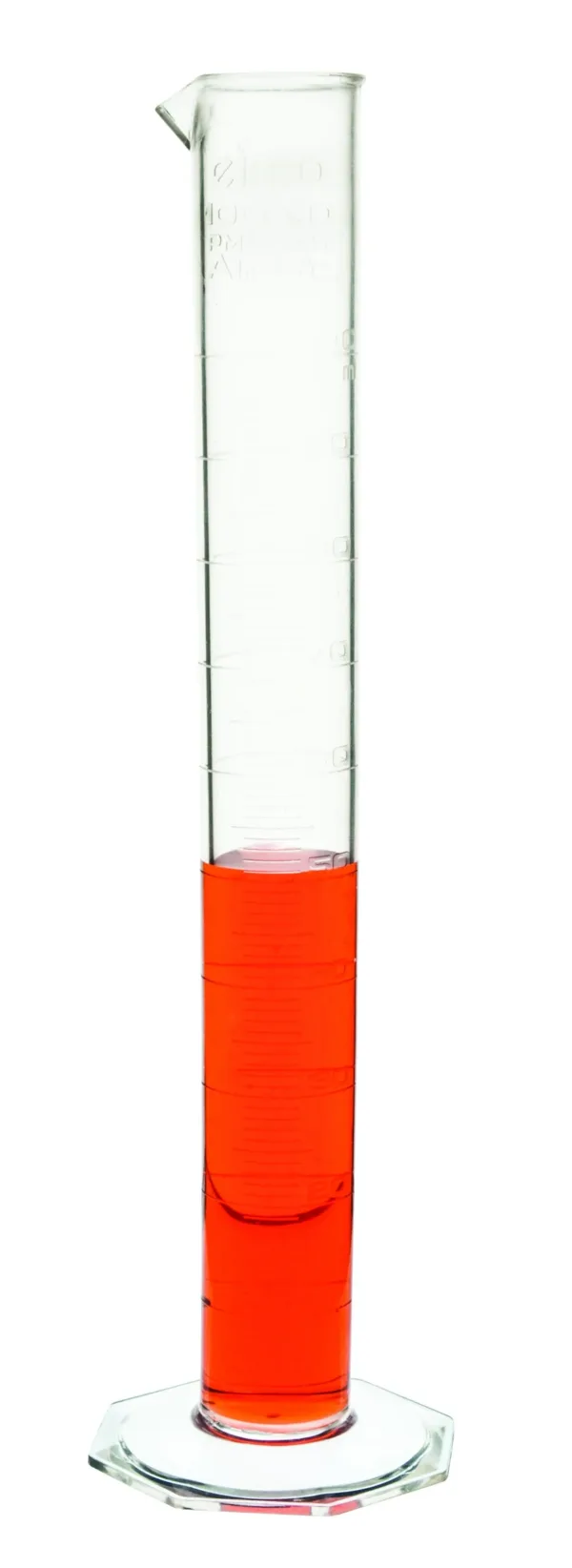 Probeta graduada de 100 ml en plástico TPX con base octagonal y graduaciones en relieve.