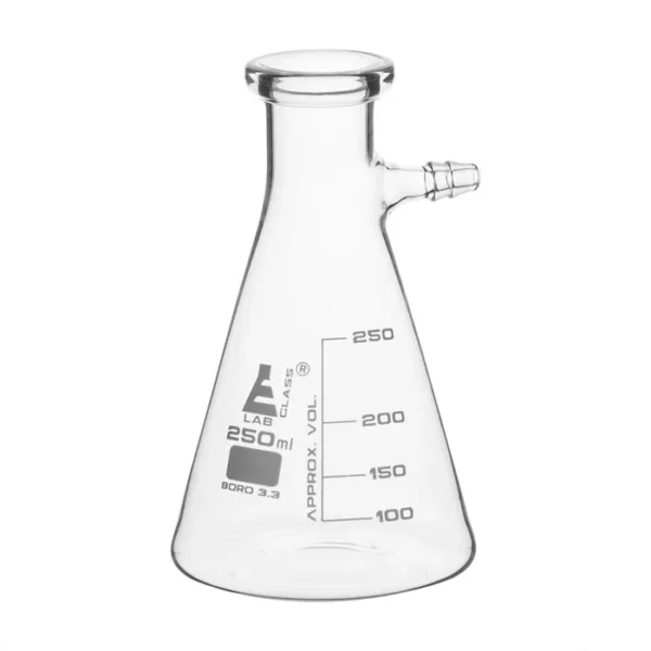 Matraz de filtración 250 ml en vidrio borosilicato 3.3 con forma cónica y brazo lateral integrado, ideal para laboratorio en Panamá.
