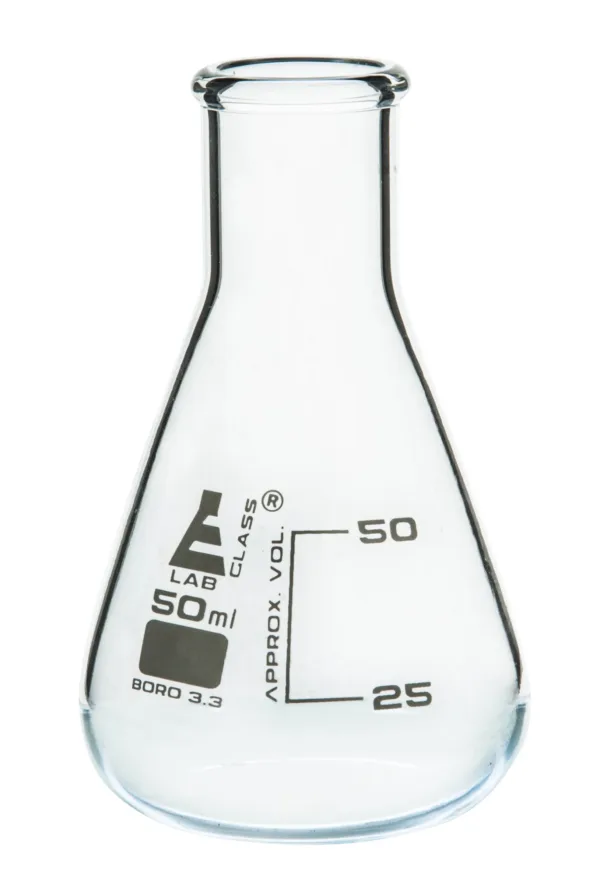 Matraz Erlenmeyer 50 ml cuello estrecho de vidrio borosilicato 3.3