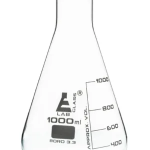 Matraz Erlenmeyer de 1000 ml en vidrio de borosilicato con cuello estrecho y graduaciones claras.