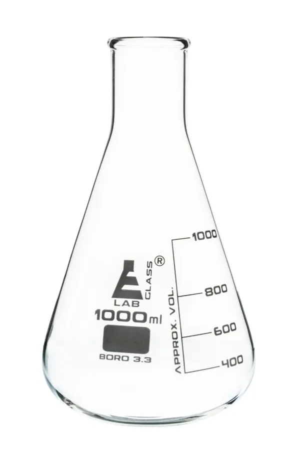 Matraz Erlenmeyer de 1000 ml en vidrio de borosilicato con cuello estrecho y graduaciones claras.