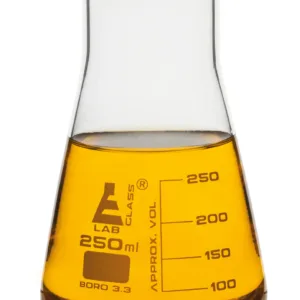 Matraz Erlenmeyer boca ancha 250 ml de vidrio de borosilicato, con graduaciones blancas.