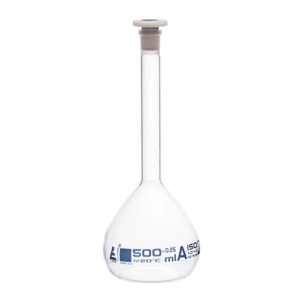 Matraz aforado 500 ml clase A con tapón de polietileno y graduación azul