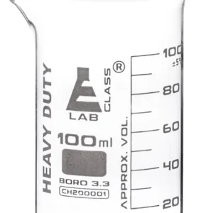 Vaso de precipitados de 100 ml en vidrio de borosilicato 3.3 con paredes de 2.5 mm y graduaciones blancas.
