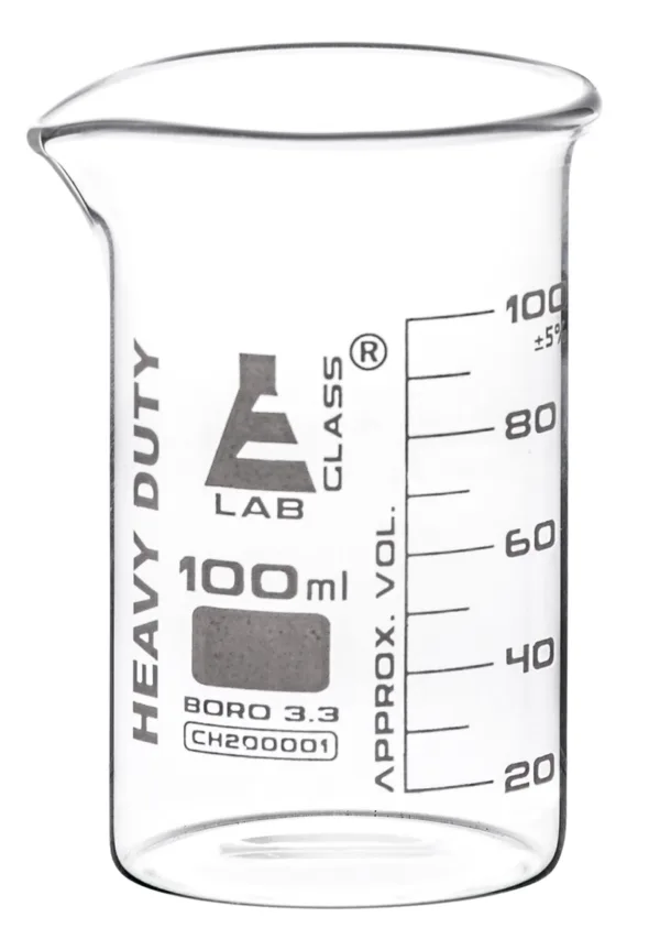 Vaso de precipitados de 100 ml en vidrio de borosilicato 3.3 con paredes de 2.5 mm y graduaciones blancas.