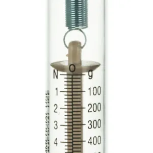Dinamómetro 10N 1kg con tubo transparente y escala en Newtons y gramos.