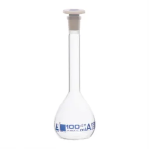 Matraz volumétrico de vidrio borosilicato 100 ml Clase A con tapón de polietileno