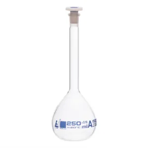 Matraz volumétrico de vidrio borosilicato 250 ml Clase A con tapón de polietileno
