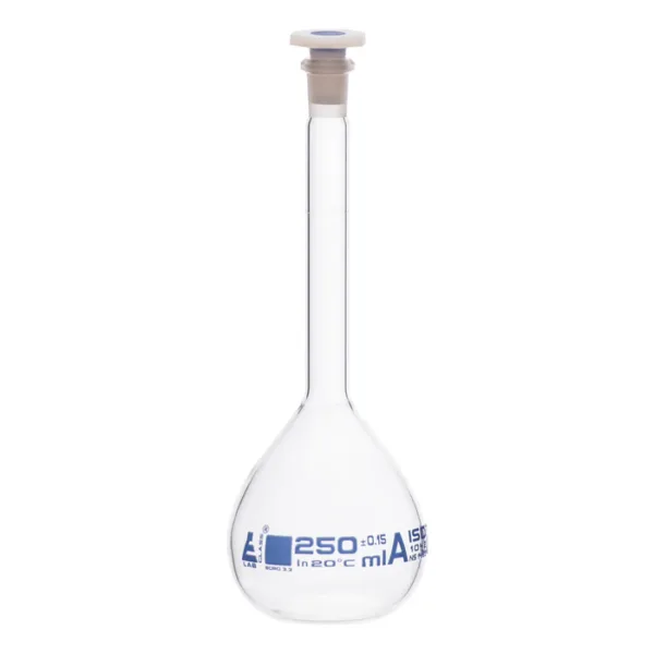 Matraz volumétrico de vidrio borosilicato 250 ml Clase A con tapón de polietileno