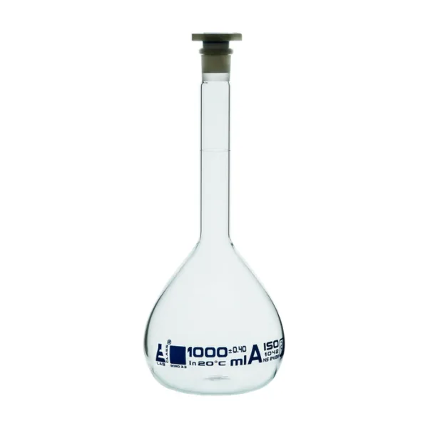 Matraz volumétrico de vidrio borosilicato 1000 ml Clase A con tapón de polietileno