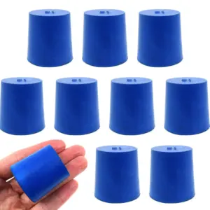 Tapón de neopreno sólido azul con forma cónica para cierre de matraces y frascos.