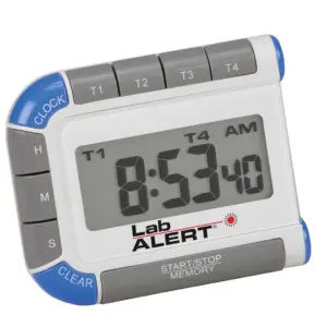 Temporizador de cuatro canales con reloj para laboratorio