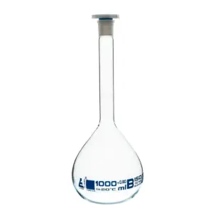 Matraz volumétrico de 1000ml, vidrio de borosilicato clase B con tapón de polietileno